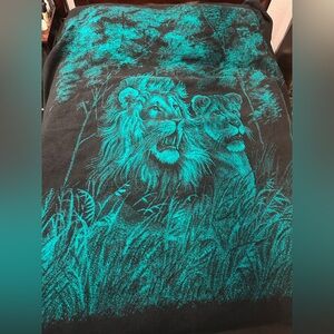 Vintage rare San Marcos Black and Teal Lion and lioness Print Blanket